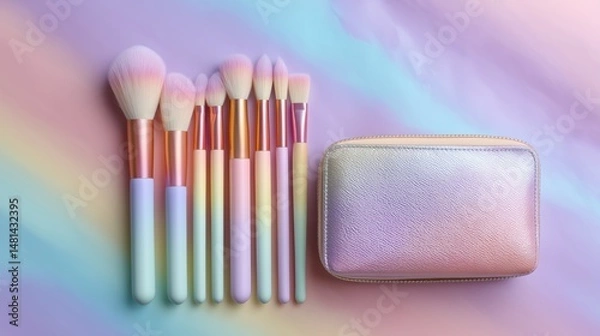 Fototapeta Pastel rainbow make up brushes on rainbow background with small pocket