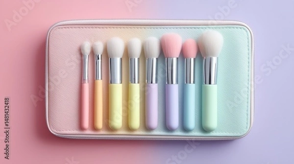 Fototapeta Pastel rainbow make up brushes on rainbow background with small pocket