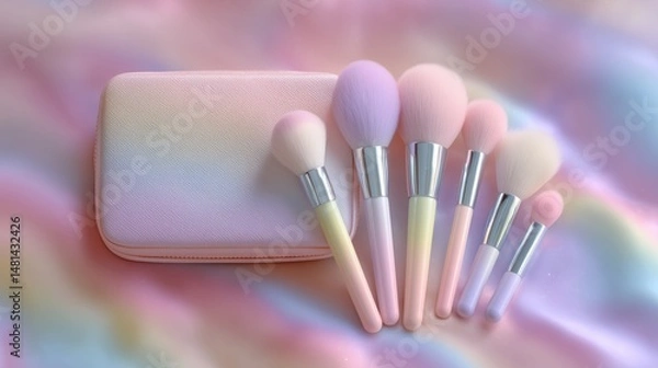 Fototapeta Pastel rainbow make up brushes on rainbow background with small pocket