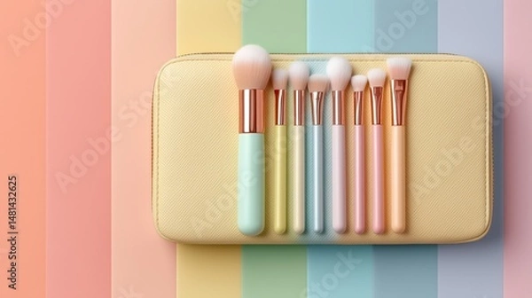Fototapeta Pastel rainbow make up brushes on rainbow background with small pocket