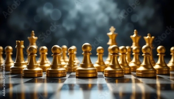 Fototapeta Chess pieces arrayed in golden battle