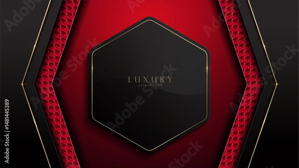 Fototapeta Abstract hexagon frame, black and gold with graphic pattern on red background. Suitable for business wallpaper and website. High quality vector. Size 1920 x 1080. Not generated by AI.