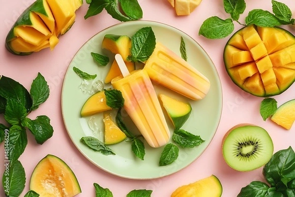 Obraz Mango and cantaloupe popsicles surrounded by fresh fruit and mint