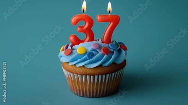 Fototapeta Cupcake to celebrate a 37th birthday or anniversary with blue frosting and colored sprinkles. The candles are red.