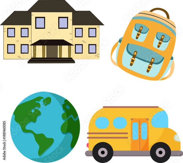 Fototapeta Flat Vector School Elements with Bus, Backpack, Globe, and Building for Education and Learning Concept in Minimal Style
