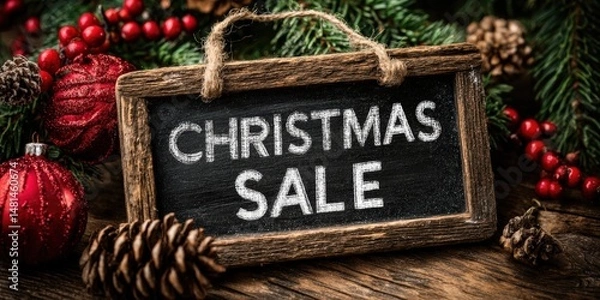 Fototapeta Christmas Sale: A rustic chalkboard proudly displays the message "Christmas Sale," beautifully framed by seasonal decorations, offering a warm invitation to festive deals.