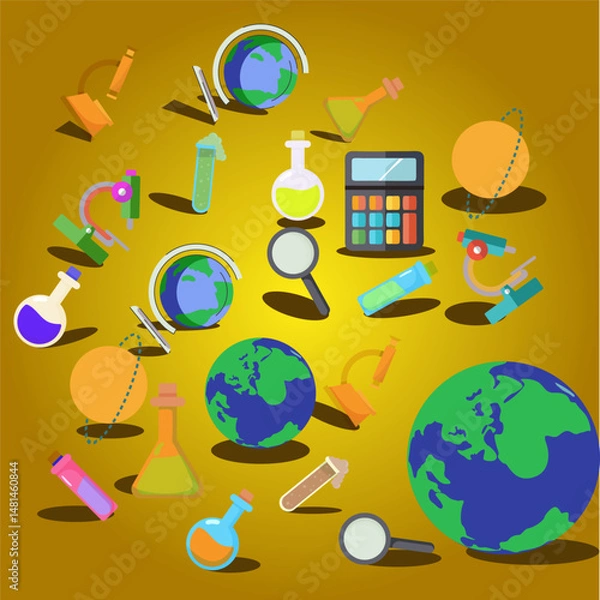 Fototapeta Vector Set of Science and Earth Education Icons with Beakers, Test Tubes, and Globes for Classroom Learning and STEM Posters