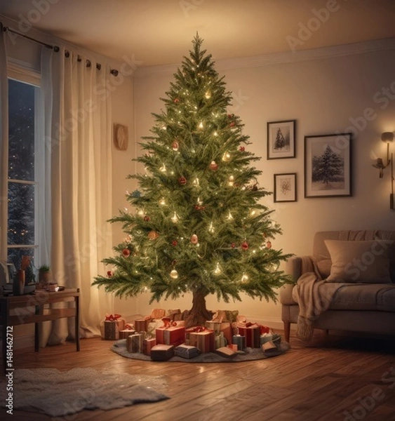 Fototapeta Brightly lit Christmas tree in cozy living space , festive, decorations