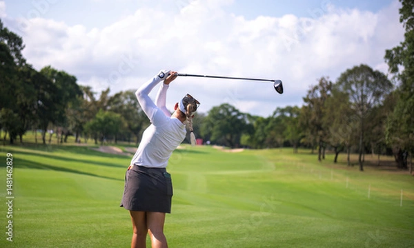 Fototapeta Professional female golfer lush green golf course, mid-swing after hitting a shot through after driving the ball down the fairway trees and distant sand bunkers, typical of a competitive setting.  