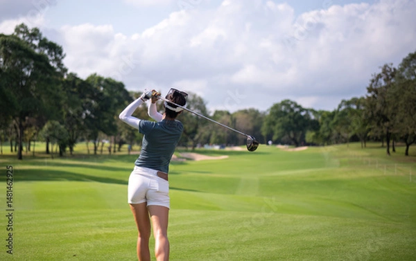 Fototapeta Professional female golfer lush green golf course, mid-swing after hitting a shot through after driving the ball down the fairway trees and distant sand bunkers, typical of a competitive setting.  