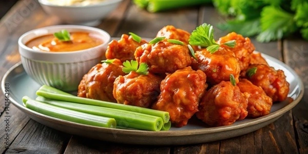 Fototapeta Crispy boneless chicken wings smothered in a tangy and spicy buffalo BBQ sauce, with a side of celery sticks for dipping into the savory sauce , savory, food