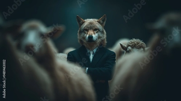Obraz A wolf in a suit stands confidently among sheep, symbolizing dominance and contrast between predator and prey.