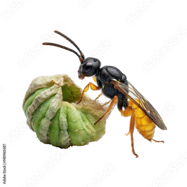 Obraz Close-up of a wasp interacting with a green caterpillar. transparent background