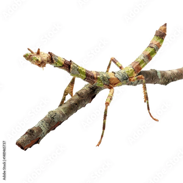 Obraz A beautifully camouflaged stick insect on a branch. transparent background