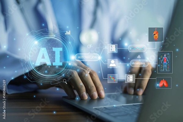 Obraz Doctor interacting with AI automation tools on a laptop to streamline clinical workflow and enhance decision-making in healthcare
