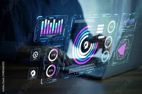 Obraz Futuristic interface powered by AI automation showing real-time business metrics, investment charts, and market insights on a digital panel