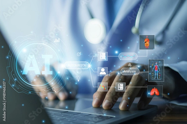 Obraz Doctor leveraging AI automation for smart health monitoring and predictive analytics to improve patient outcomes and reduce medical errors