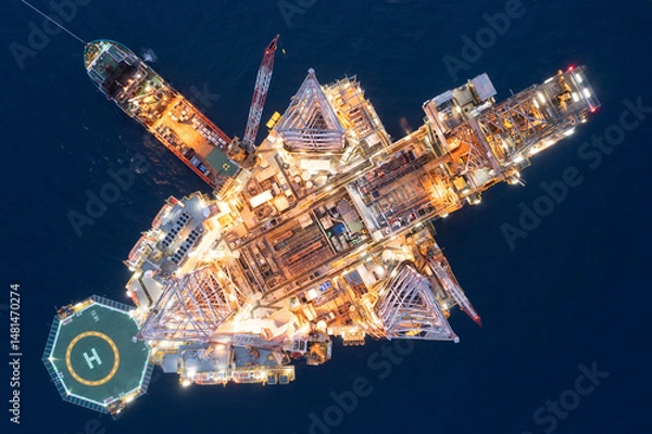 Obraz Aerial view of offshore jack up drilling rig during sunset - oil and gas industry.