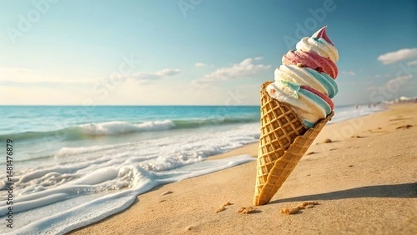 Fototapeta Colorful Ice Cream Cone by the Beach on a Sunny Day. Ideal for summer, beach vacation, or ice cream content.