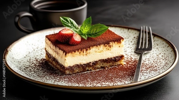 Fototapeta A delicious tiramisu slice with fresh berries and garnish