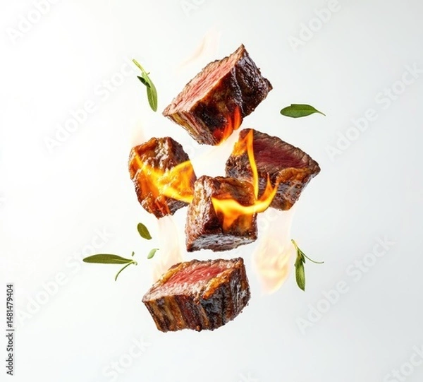 Obraz Grilled beef cubes, sizzling and flying