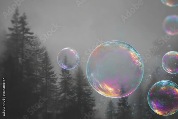 Fototapeta Colorful soap bubbles float gently through a misty forest, creating a surreal contrast between the delicate rainbow hues and the dark, moody atmosphere of the tall trees.