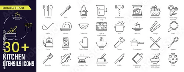 Obraz Kitchen Stroke icon collections. Containing Cutlery, Fork, Apron, Measuring Cup, Pot, Plates, Bowl, Knife, Timer, and Kettle icons. Editable Stroke icon collection Outline icon