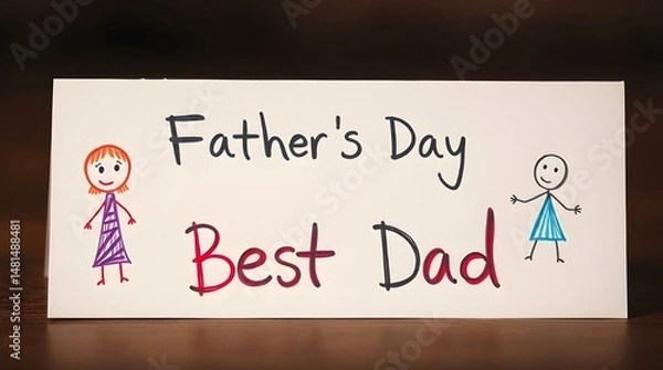 Fototapeta A professional photograph of a cute, hand-drawn Father's Day card featuring children's drawings and the text 'Best Dad' in a warm, slightly dark, soft style with soft contrast and saturation