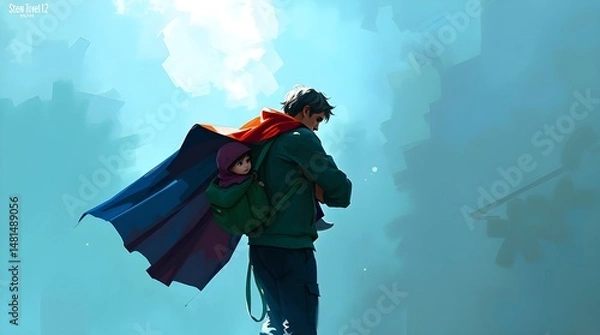 Fototapeta Digital sketch, cinematic style, cool blues greens purples, misty atmosphere, dad with superhero cape carrying child, dynamic painterly strokes, warm candlelight, flickering flames, warm glow