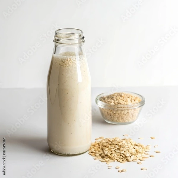 Fototapeta Clear glass bottle filled with creamy oat milk presented in a high-contrast setting for a modern food aesthetic