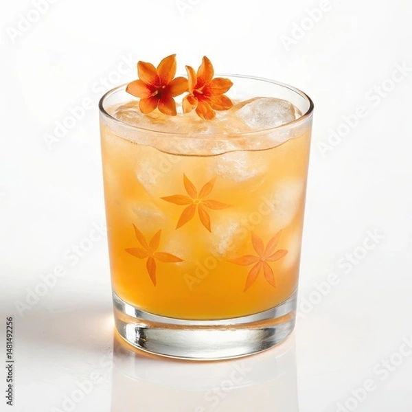Fototapeta Elegant cocktail with orange flowers served in a clear glass highlighting its unique color and refreshing aesthetic appeal