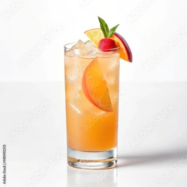 Fototapeta Unique peach ginger cocktail featuring a slice of orange in an artistic side view high contrast presentation style