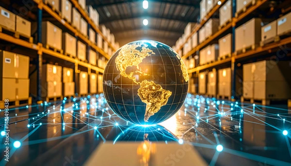 Obraz Glowing Globe Over Network Lines in Warehouse with Boxes on Shelves Represents Global Logistics and International Trade
