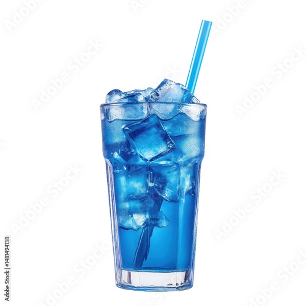 Fototapeta Refreshing blue iced drink with ice cubes and straw, perfect for summer, isolated on transparent background