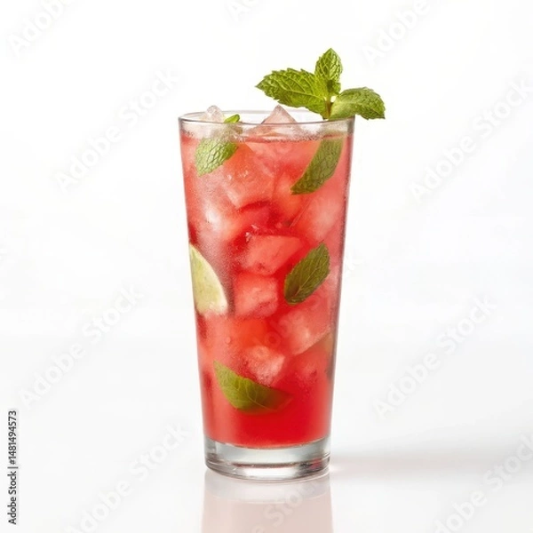 Fototapeta Refreshing watermelon mojito cocktail served in a glass showcasing bright ingredients in a side view photography style