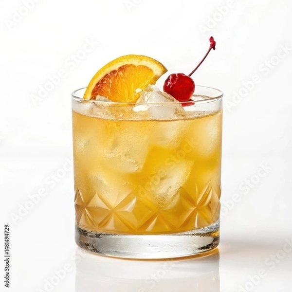 Fototapeta Classic whiskey sour cocktail garnished with a bright cherry on top showcasing a vibrant side view in high contrast