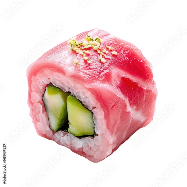 Fototapeta Fresh pink sushi roll with tuna and cucumber, garnished with sesame seeds, isolated on transparency background