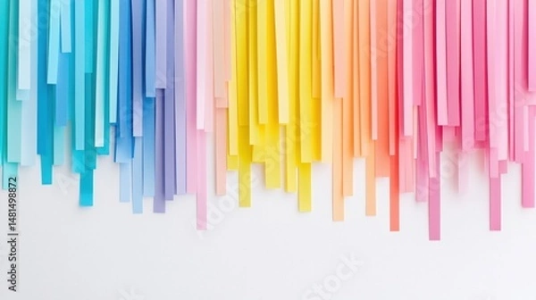 Fototapeta Colorful Paper Strips Cascade on White Background Overhead Flat Lay for Art and Design Projects Rainbow Hues