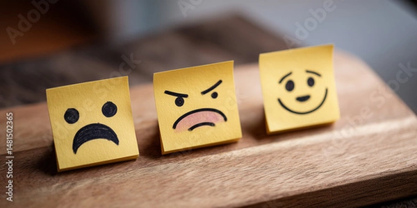 Fototapeta Yellow sticky notes expressing emotions featuring sad, angry, and happy faces on a wooden surface representing mood changes and emotional expression