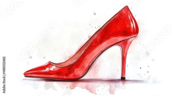 Fototapeta A stylish red high heel shoe illustrated with watercolor detail and artistic flair.