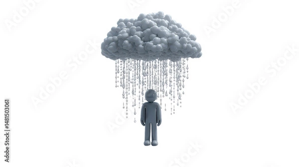 Obraz A figure beneath a rain cloud representing sadness. transparent background