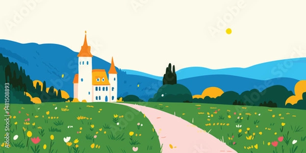 Obraz A storybook castle with a pathway, standing proudly against a landscape that features a vibrant meadow, promising peace and magic for any adventure. 