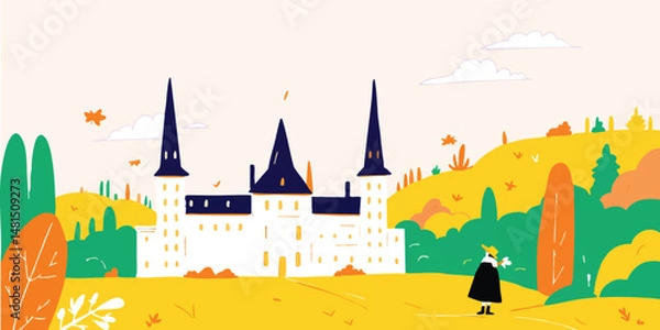 Fototapeta An illustrated medieval castle with a landscape of stylized trees and vegetation. A lone figure in historical attire stands nearby, adding a sense of scale and narrative to this artistic portrayal.
