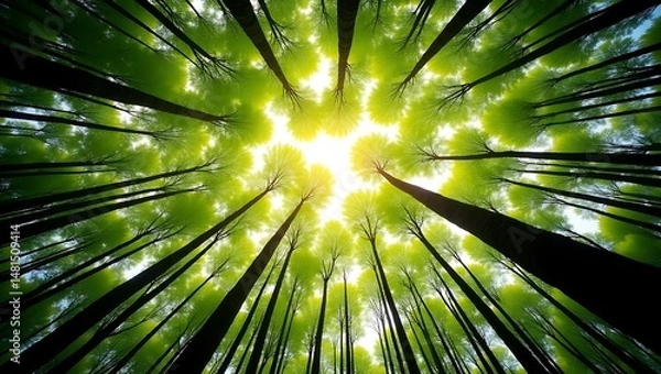 Obraz Looking up at the canopy of tall trees in a lush green forest with sunlight shining through the leaves 