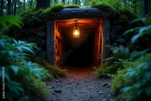 Obraz Explore the mysterious mine entrance with lantern light in forest fantasy adventure scene concept art 