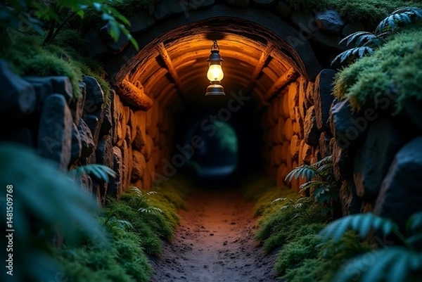 Obraz Enchanting stone tunnel with hanging lantern and lush greenery nature hiking adventure photography 