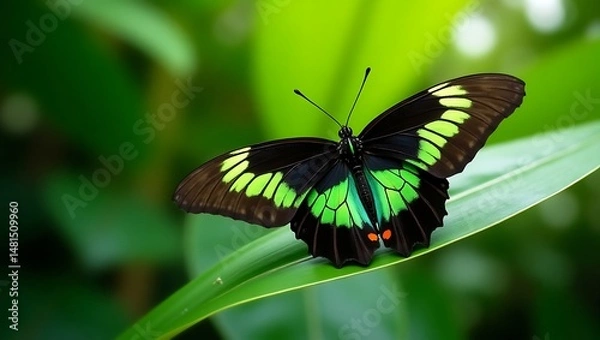 Obraz Beautiful green and black butterfly resting on leaf nature photography insect wildlife macro close up view 
