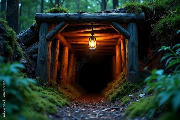 Fototapeta Exploring the dark mine shaft entrance with lantern light in the forest tunnel adventure scene view 100 