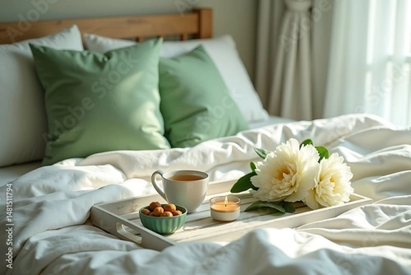 Obraz Cozy bedroom scene with breakfast in bed tea candle flowers and pillows for relaxation and comfort 100 
