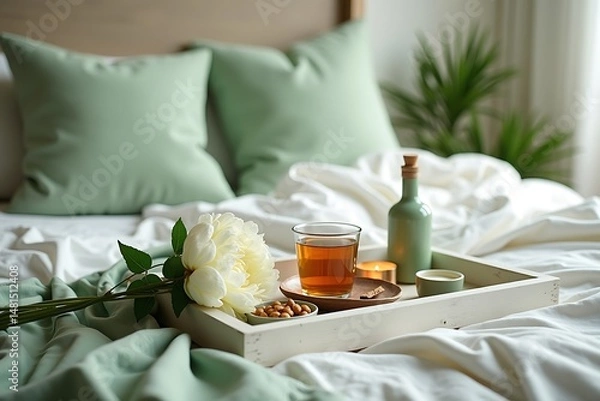 Obraz Cozy bedroom breakfast in bed with tea and flower on tray for relaxation and self care home decor idea 100 